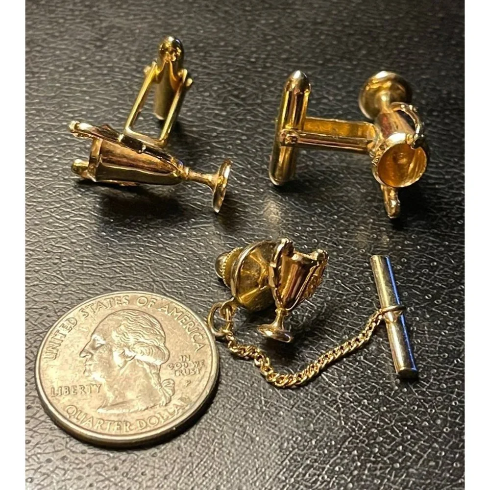 Vintage Swank Tivoli Gold Tone Trophy Cup Award Winner Cuff Links Tie